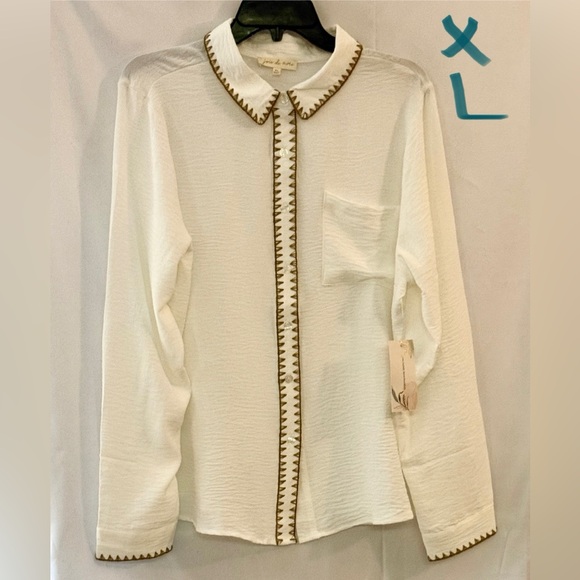 Joie De Vivre Tops - White Long Sleeve Blouse with Brown Trim